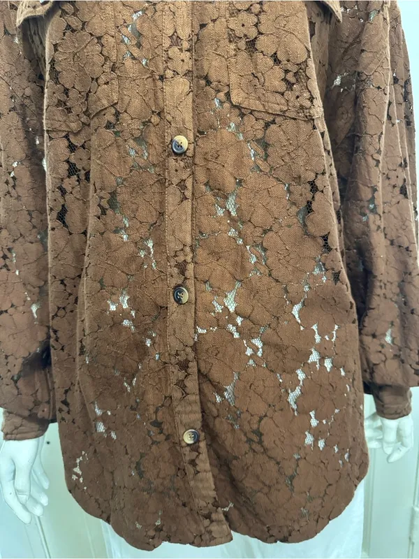 Shyanne Western Brown Lace-Overlay Frnge Shirt Jacket Size Large A1 - Image 7