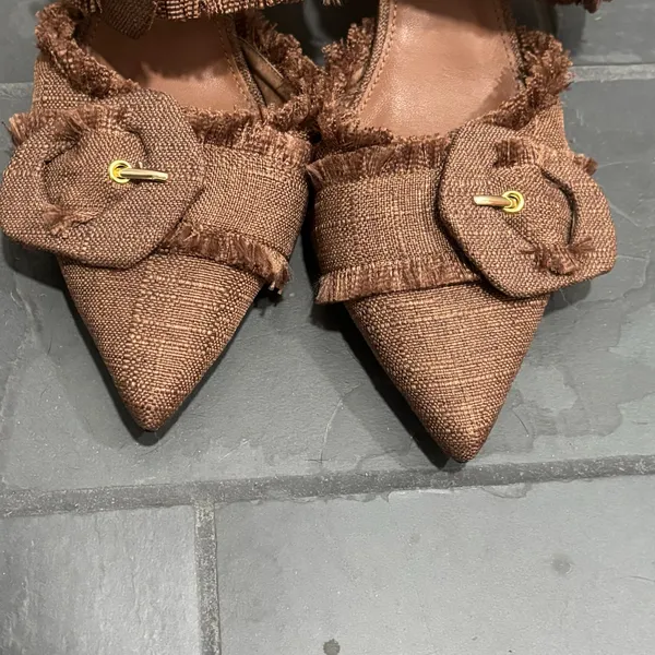 Mara & Mine Brown Canvas Raw-Edge Trim Mules - size 10 - Image 3