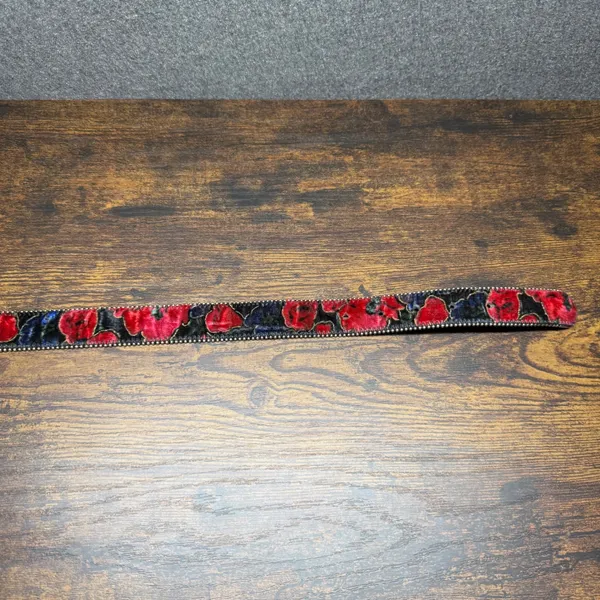 Vintage Floral Velvet Belt Womens Medium Large Red Blue Gold Buckle Studded Trim - Image 3