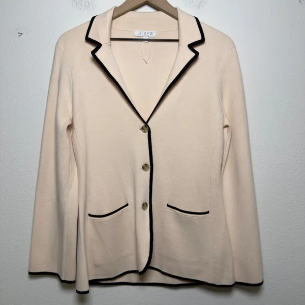 J. Crew Women Knit Blazer Cardigan Jacket‎ Small Beige Tipped Contrast Office - Image 2
