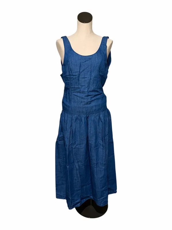 NWOT ZARA MIDI CAPE Denim SKIRT DRESS Medium Blue Cotton Linen Blend - Image 9