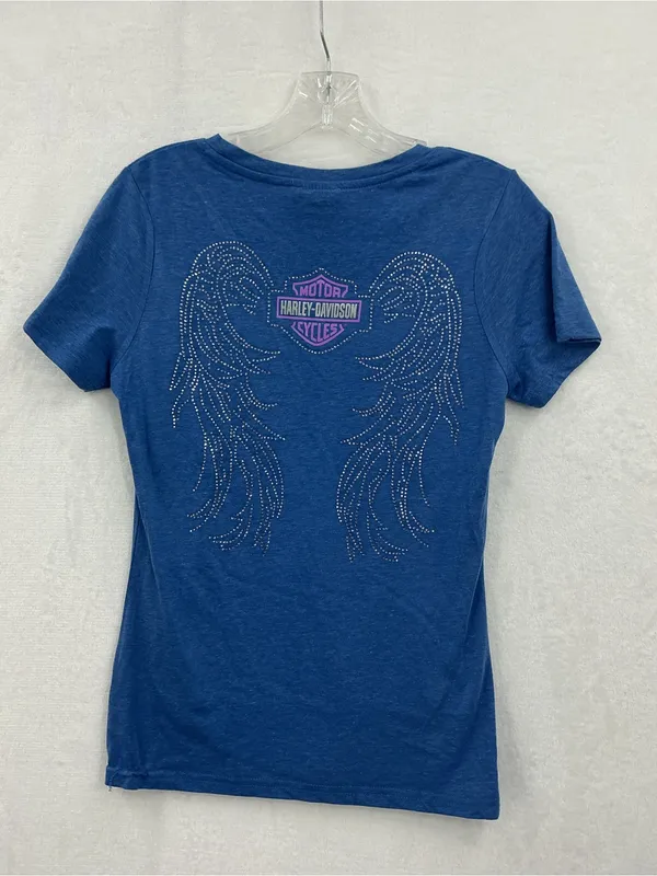 Harley-Davidson Blue Tee with Black Label and Orange Logo 852 - Image 7