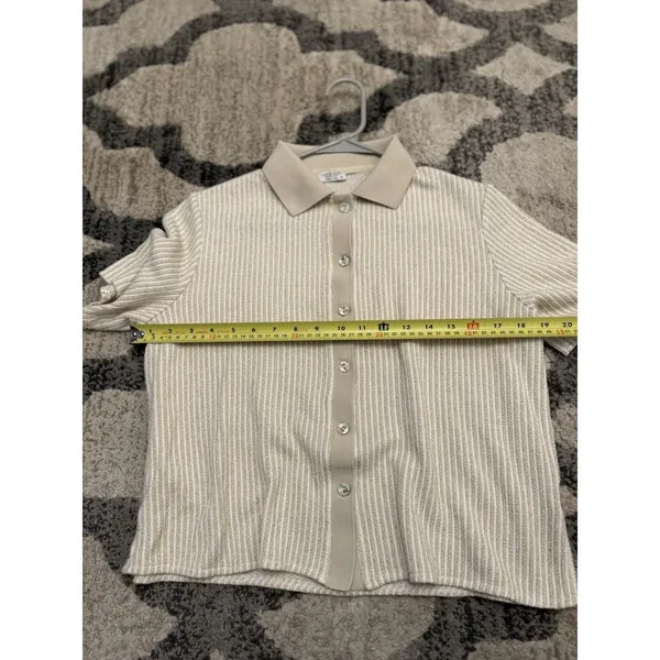 Linea Moda Italy Beige Button Down Knit Shirt M Glitter Thread‎ Short Sleeve - Image 8