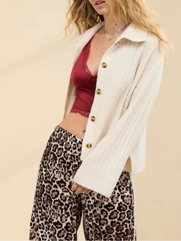 Aerie unREAL Ribbed Cardigan Sweater Collared Button Front Cozy‎ Cream Medium - Image 8