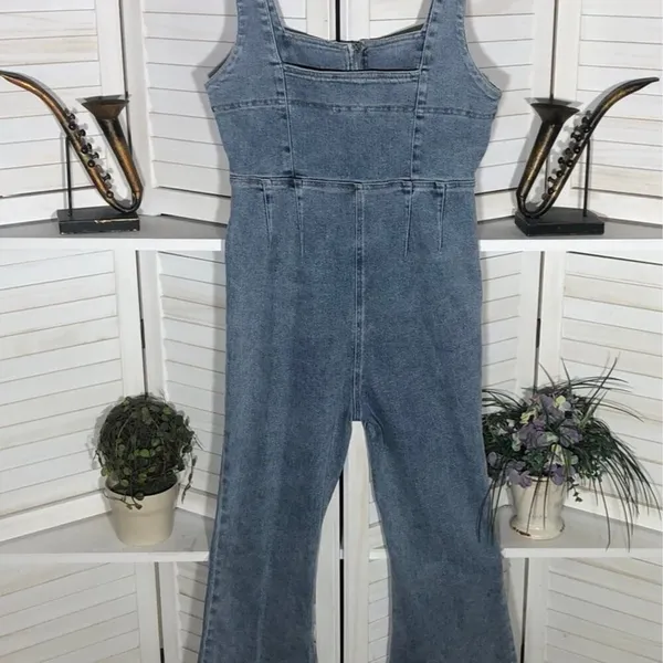 Emory Park Y2K denim jumpsuit bell-bottoms blue zip sexy fitted look groovy hippie boho M - Image 4