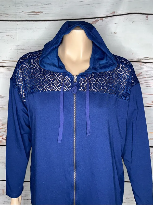 LOGO Lounge Lori Goldstein 2X Blue - Eyelet Lace Zip Front Knit Jacket w/ Hood - Image 6