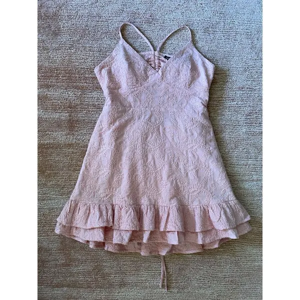 MINKPINK Pink Embroidered Mini Dress Women’s S/M Spaghetti Straps Ruffle Hem - Image 4