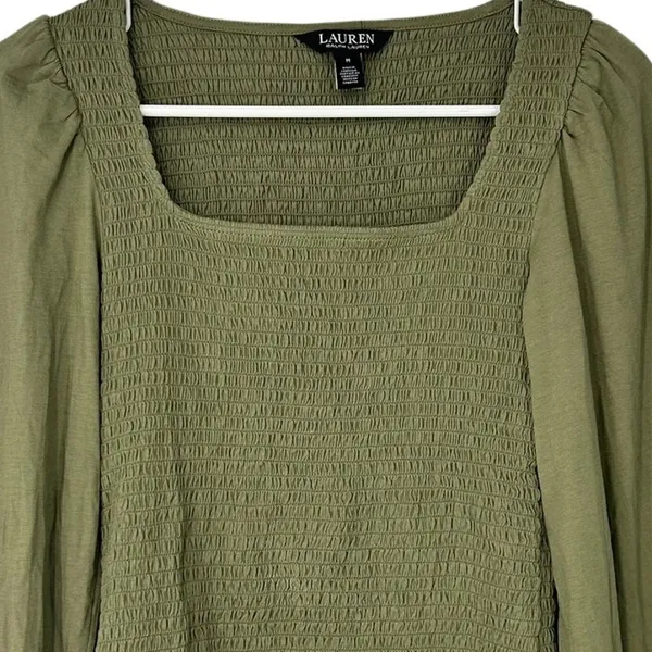 M Olive M Top Green Ralph Lauren Black Label Smocked Jersey Blouson Blouse - Image 5