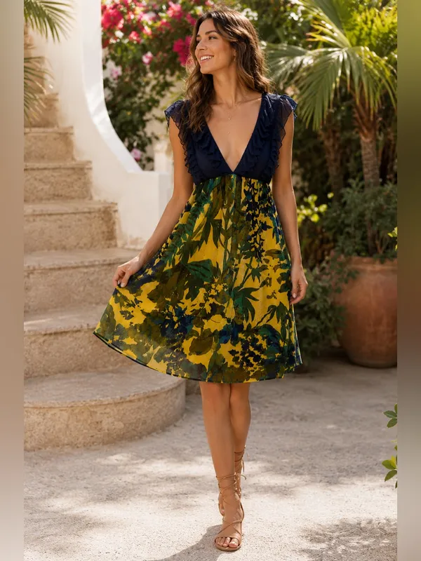 Free People Mini Dress XS Blue ruffle plunging neckline velvet burnout babydoll - Image 3