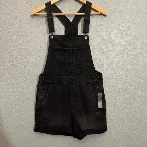 Black Distressed Juniors Short Overalls - Image 3