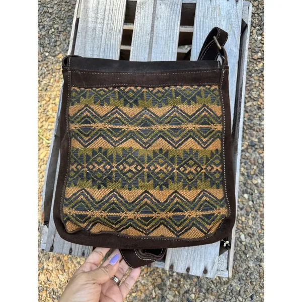 Handmade Malqui Equador Woven‎ Wool Brown Suede Leather Crossbody Shoulder Bag - Image 3