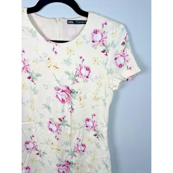 Zara Medium Dress Womens Floral Short Sleeve 90s Style‎ Yellow Pink Roses Lined - Image 8
