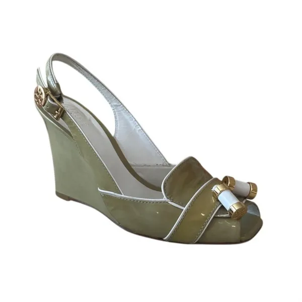 Tory Burch Ella Wedge‎ Slingback Peep Toe Patent Sandals 7 - Image 2