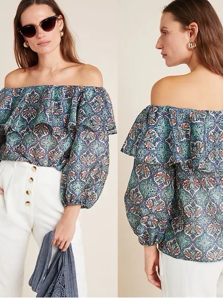 NWT Sachin & Babi Anthropologie Teal and Navy Printed Off-Shoulder Peasant Top - Image 8