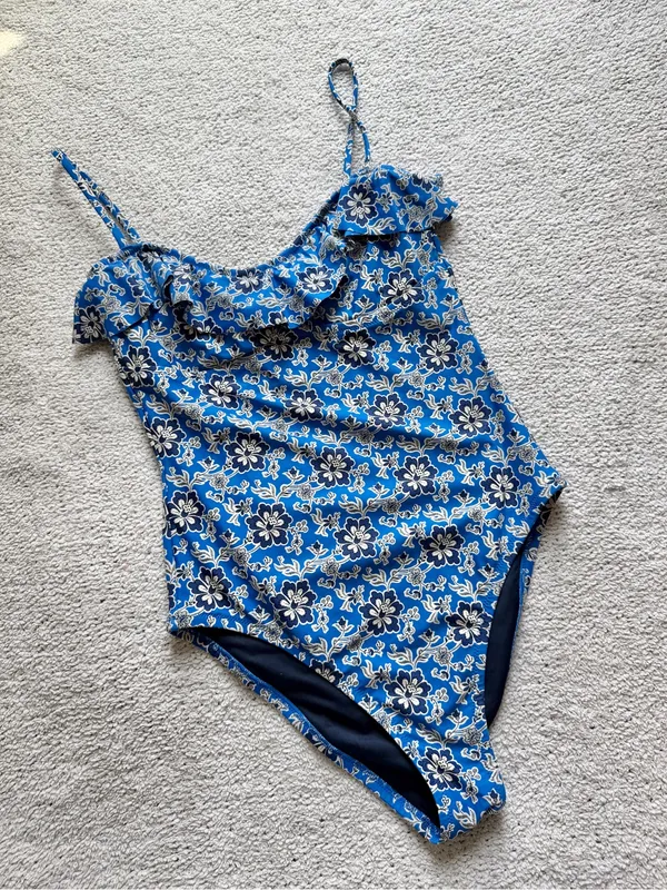 J. Crew One-Piece Swimsuit Cobalt Blue Floral Ruffle 8 NEW NWOT - Image 2