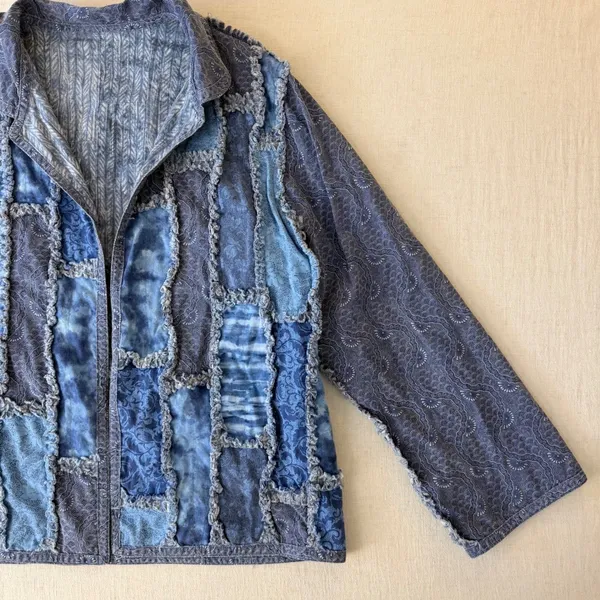 Handmade Patchwork Jacket Women L Blue Quilted Rag Style Artisan Boho Chore Coat - Image 6