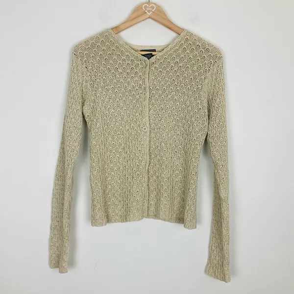 Abercrombie and Fitch tan linen blend textured knit crewneck cardigan. Large. - Image 2