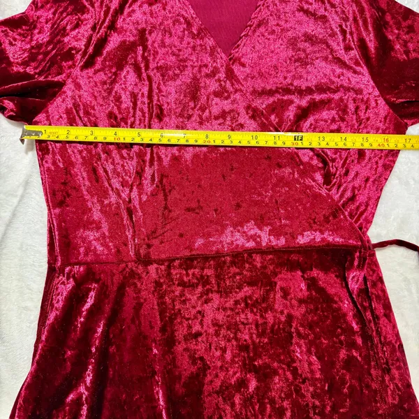 Burgundy Crushed Velvet Long Sleeve Faux‎ Wrap Dress - Image 5