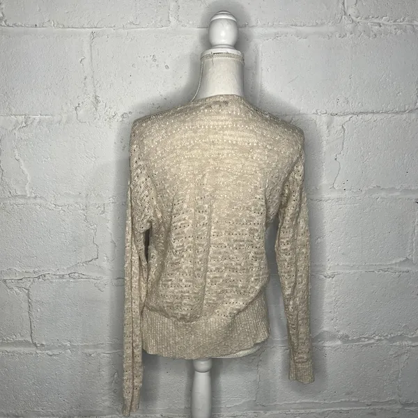 Loft Women’s Cotton Linen Beige Open Front Pointelle‎ Cardigan Sweater Medium - Image 3