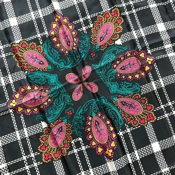 Diane Von Furstenberg 100% Silk Scarf Black Multicolor Paisley Plaid Luxury - Image 5