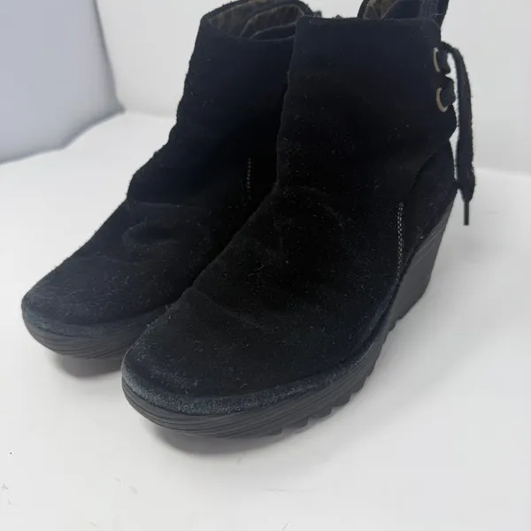 Fly London Suede Wedge Ankle Boots Black Lace Up Back Women Size 38 - Image 4