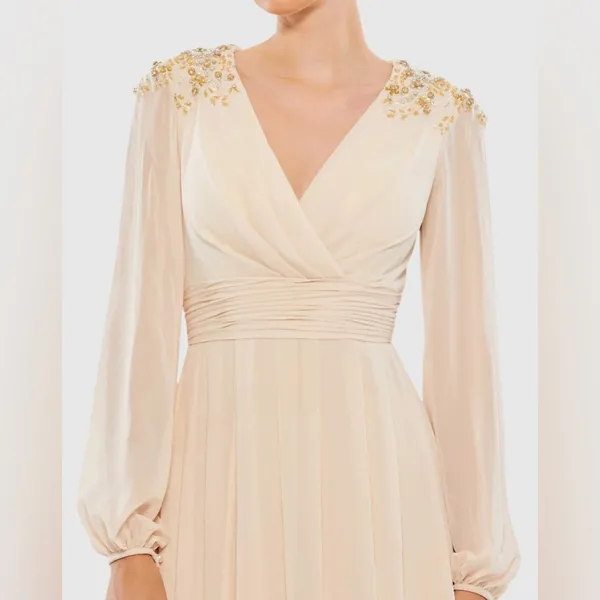 MAC DUGGAL Beige Embellished Shoulder Blouson Sleeve Evening Gown Size 8 - Image 2