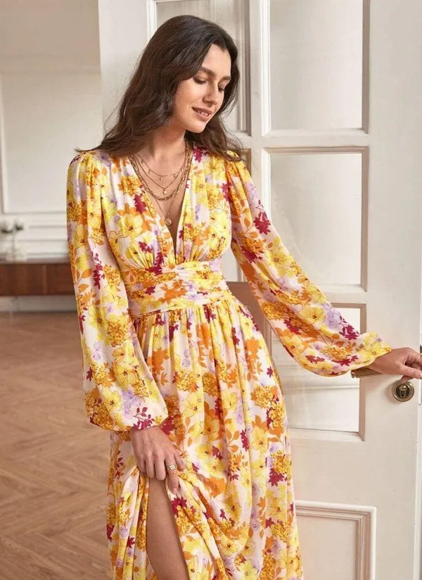 New SHEIN Frenchy Yellow Floral Lined Maxi Dress Boho Long Sleeve Formal Wedding - Image 2