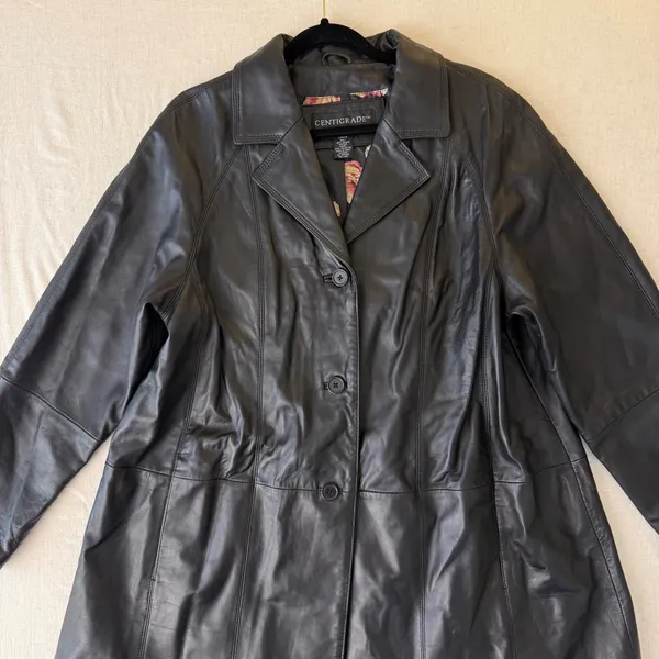 Centigrade Leather Coat women‎ L Black Floral Lining Mid Length Jacket vintage - Image 16