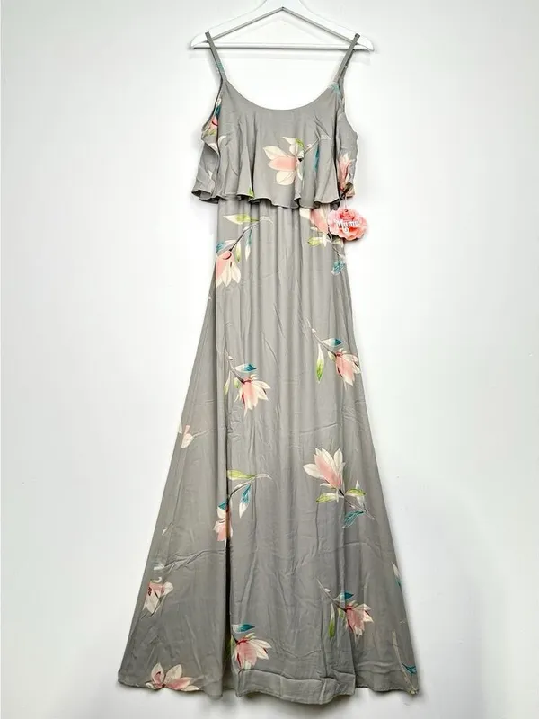 Show Me Your Mumu Caitlin Gray Floral Ruffle Cold Shoulder Maxi Dress S NWT - Image 3