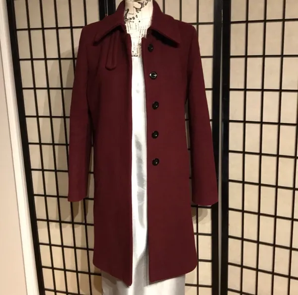 ✈️Loft Wool Preppy long Mock Pencil Bodice wine burgundy solid minimalist button coat - Image 3