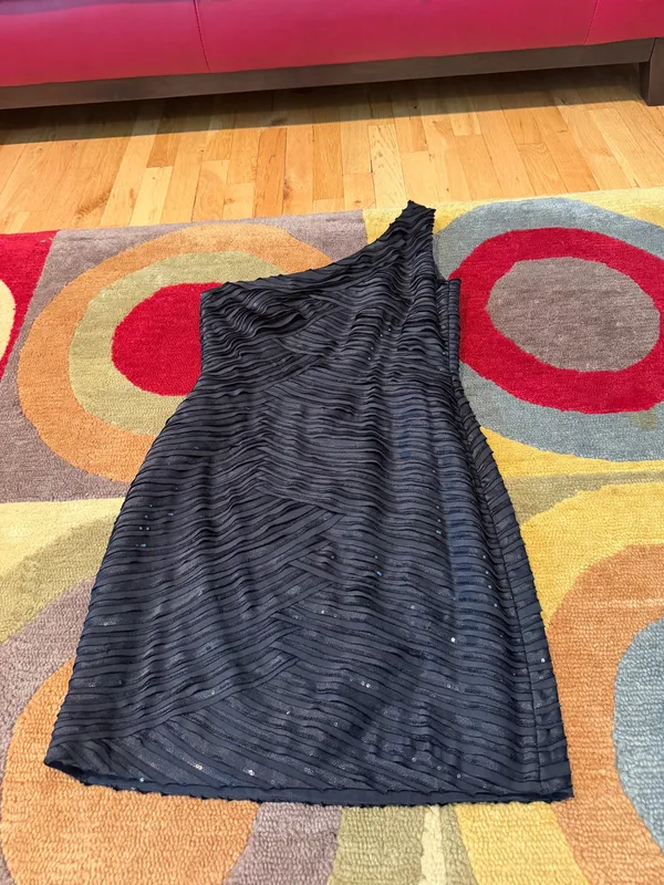 Calvin Klein Black One Shoulder Sequin Mini Cocktail Party Dress Size Medium - Image 4