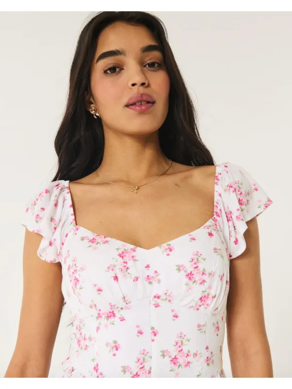 (C143) Hollister Pink White Floral Midi Dress XXL Petite V-Neck Flutter Sleeve - Image 3