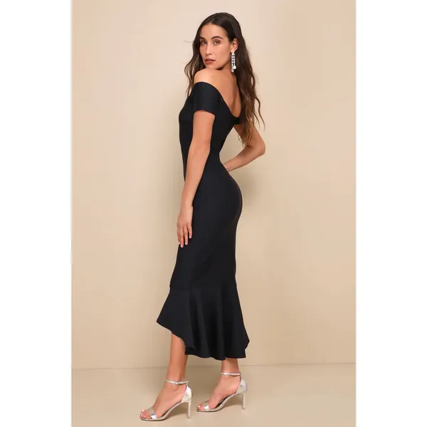 Lulus How Much I Care Black Off-the-Shoulder Midi Dress Holiday Party Medium - Image 3