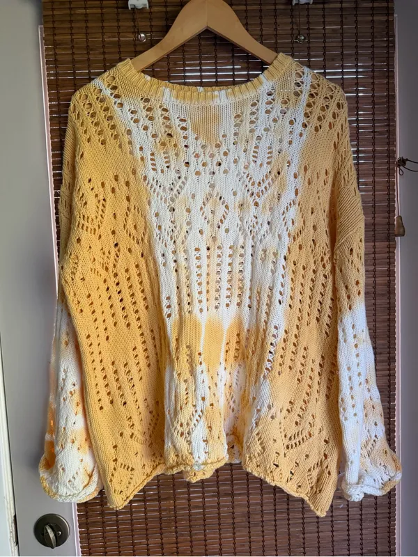 Yellow White Tie Dye Open Knit Cotton Oversized Sweater Small Boho Coastal - Image 2