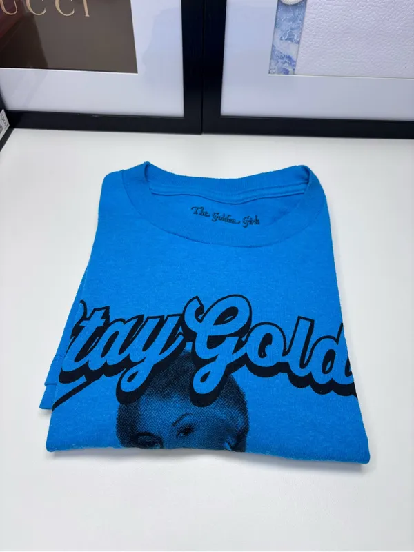 Stay Golden Short Sleeve Adult Tee Bright Royal Blue Black Graphic NWOT Size M - Image 7