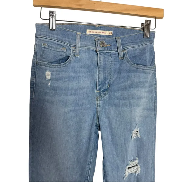 Levi’s 720 High Rise Super Skinny Distressed Light Wash Stretch Denim Blue Jeans - Image 2