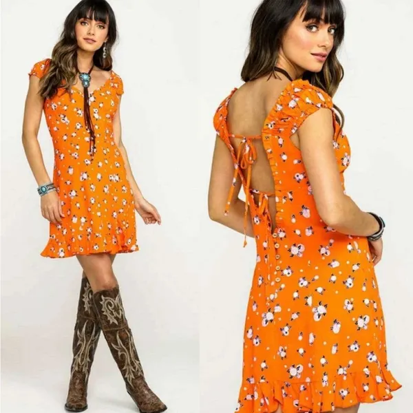Free People Like a Lady Printed Mini Orange Dress Open Tie Back, Sz M - Image 3