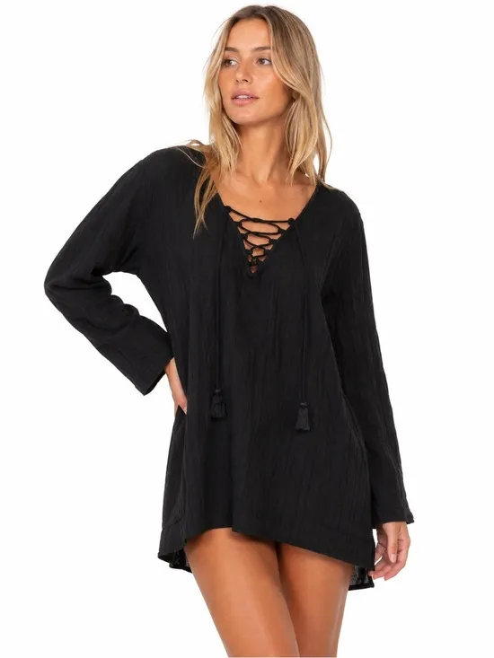 SALE Billabong Black Lace-Up Beach Cover-Up Dress Long Sleeve Boho Small - Image 2