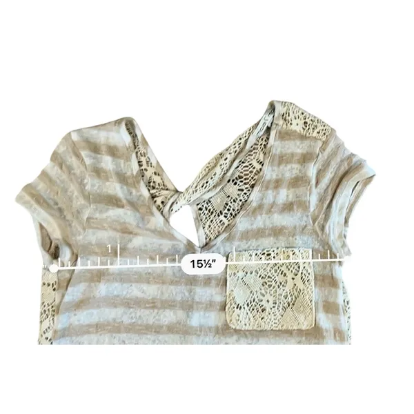 Moa Moa Cream‎ Tan Stripe Feminine Lacy Twist Cap Sleeve Top sz Small - Image 5