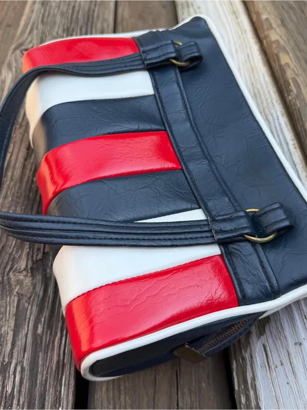 Vintage 70s Becky’s Red White Navy Striped Boxy Satchel Handbag Purse Mod - Image 2