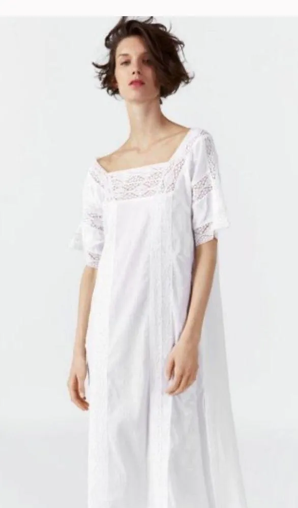 Zara White Embroidered Lace Trim Dress with Side Vents - Image 5