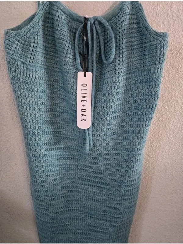 Olive + Oak Sz M Crochet Knit Mini Dress Marled Turquoise Tie Front Lined NWT - Image 2