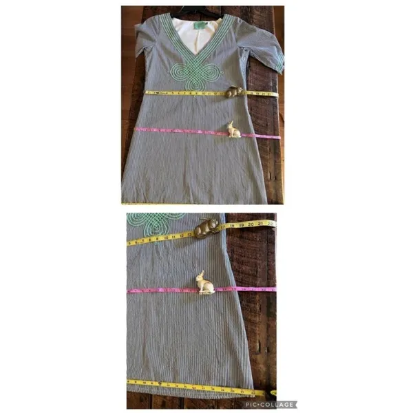 Judith March Blue and White Pinstriped Dress Mint Green Embroidery Size Small - Image 9