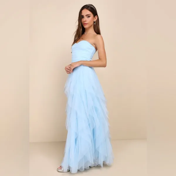 Lulus Delightful Beauty Blue Mesh Strapless Ruched Ruffled Maxi Dress - Image 4