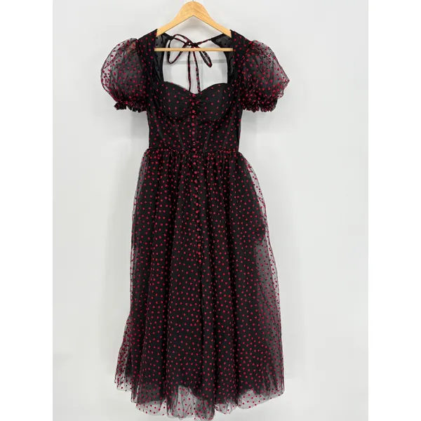 Heart Print Tulle Corset‎ Midi Dress Small Black Red Goth Coquette Prom Formal - Image 5
