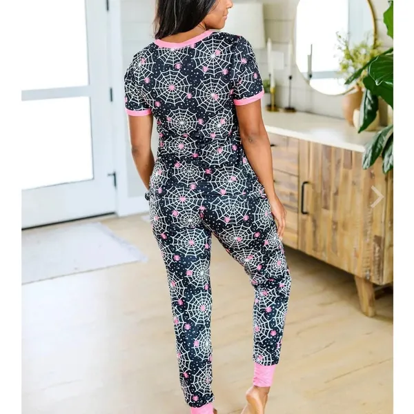 Shirley & Stone Womens Halloween Spider‎ Web Henley Pajama Set Pink Black Medium - Image 2