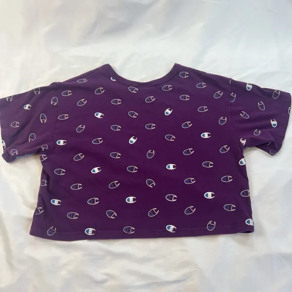 Champion T-Shirt Women's Large Short‎ Sleeve Crop Top Purple All Over Logo Print - Image 2