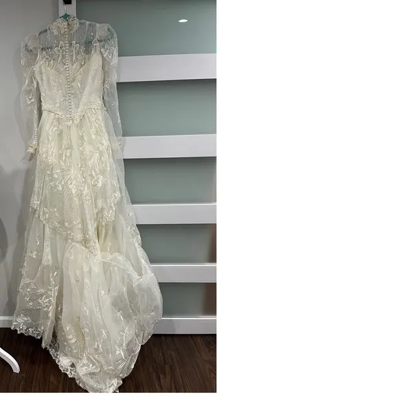 Vintage 80s‎ Victorian Revival Wedding Dress Ivory High Neck Sheer Lace Illusion - Image 7