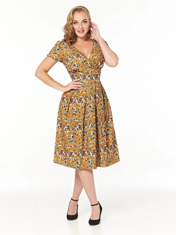 Timeless London 50's Caramel Brown Tropical Leaf Print Short Sleeve Pinup Dress - Image 2