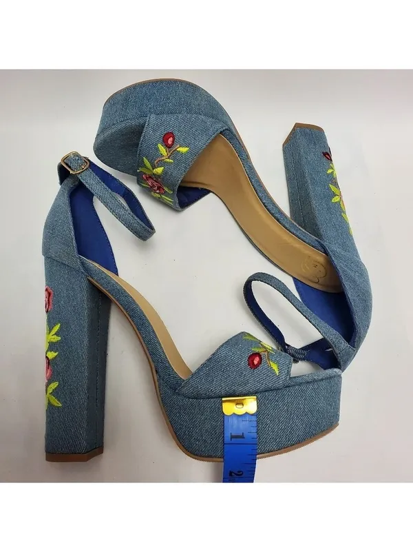 Heart in D Blue Denim Floral Embroidered Platform Heels Sandals Size 8 - Image 5